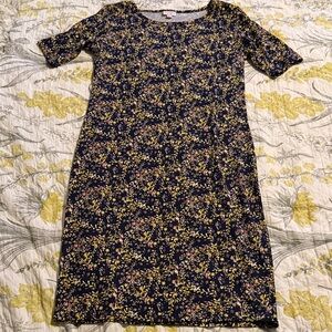 LuLaRoe Navy Floral Midi Dress with Yellow and Pink Sprigs